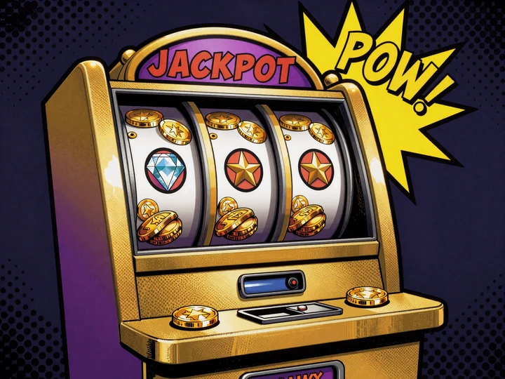 Pop-Art Slot-Maschine mit Jackpot-Reels und POW-Burst als Symbol f&uuml;r GoldBet Spielhalle online slots